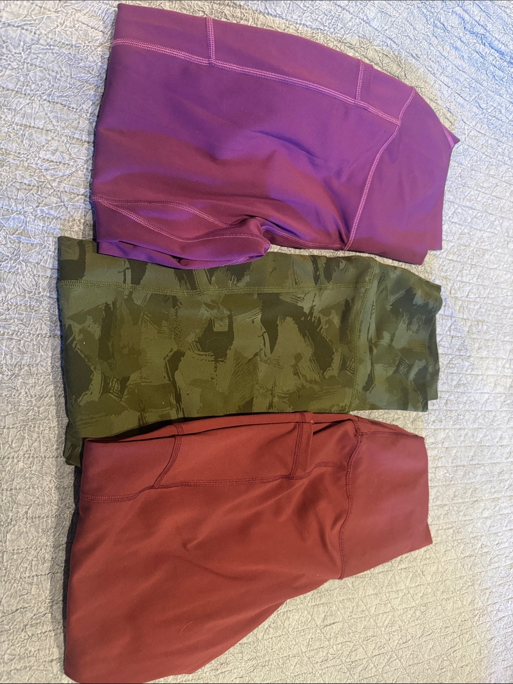 3 pair Women’s High-Waist Leggings in Camo, Plum and Burgundy